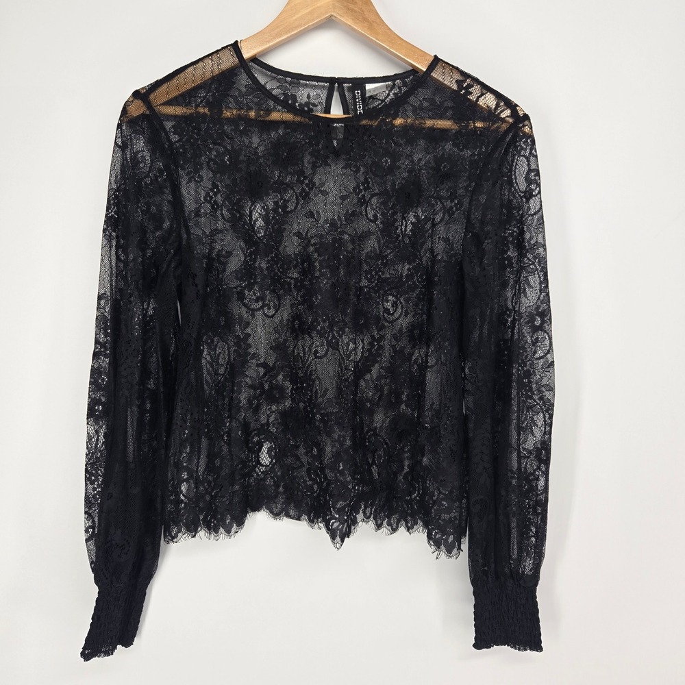 H&M Divided Lace Blouse Womens 4 Black Sheer Floral Long Sleeve Smocked Top Goth